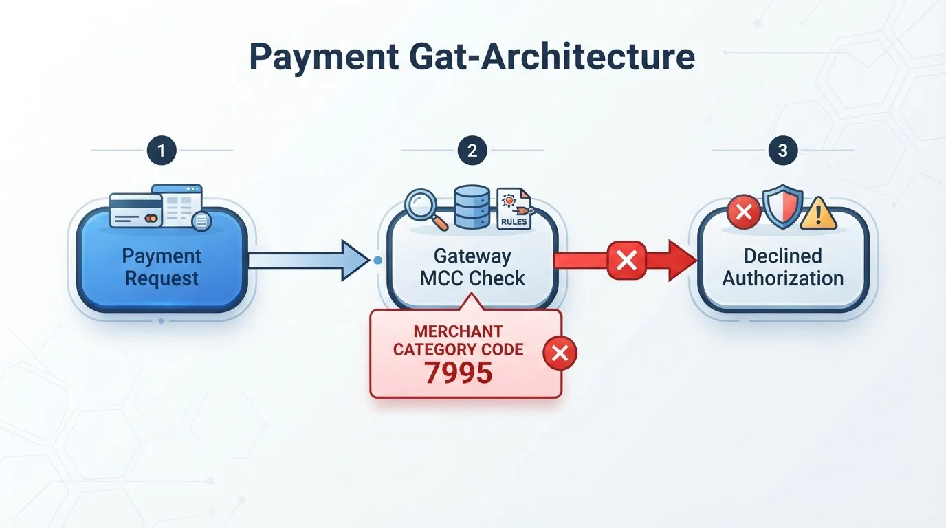 Technical diagram showing merchant category code 7995 being blocked at payment gateway level