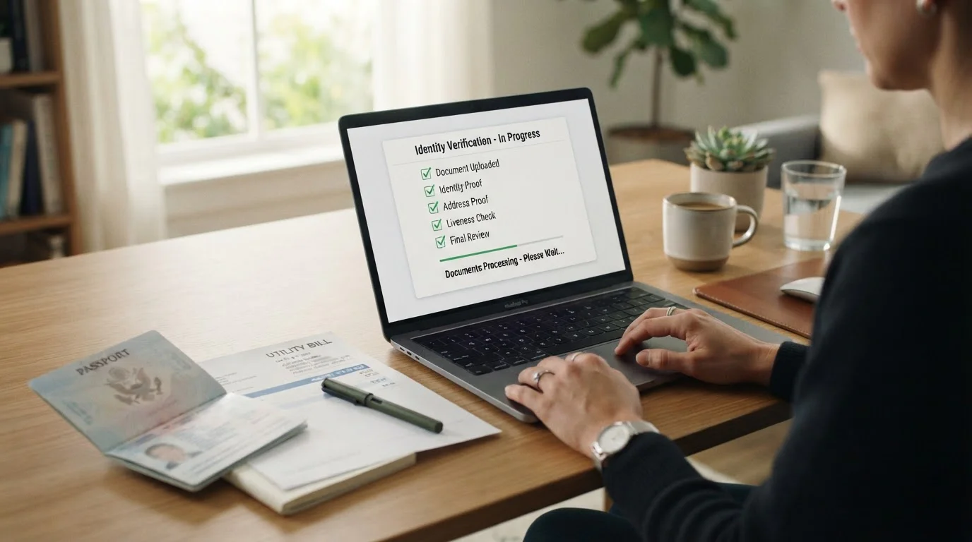 Person at desk uploading identity documents on laptop with verification checklist visible on screen