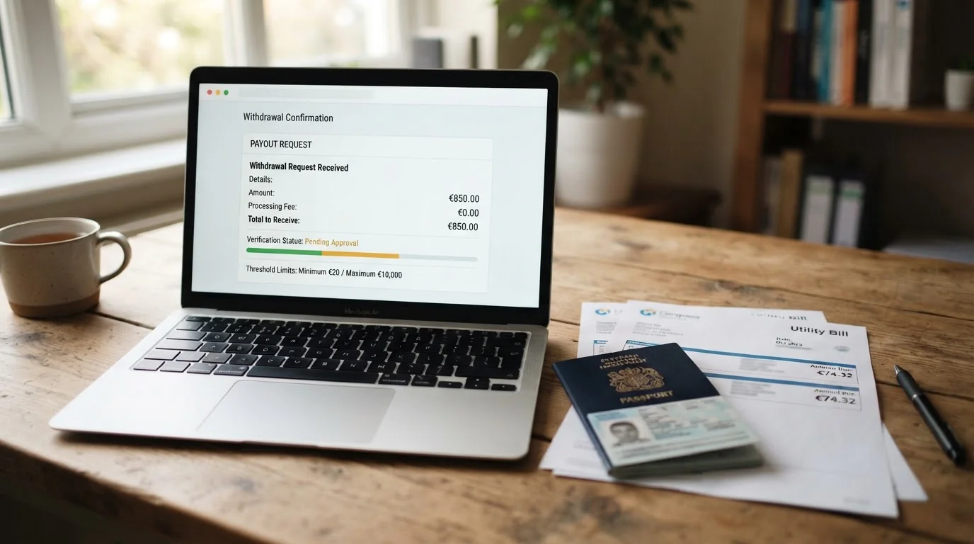 Desk with passport and identity documents next to laptop showing cryptocurrency withdrawal threshold notification