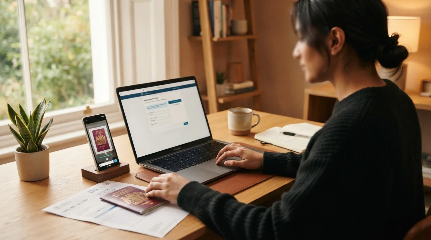 Person uploading identity documents on laptop for UK casino KYC verification