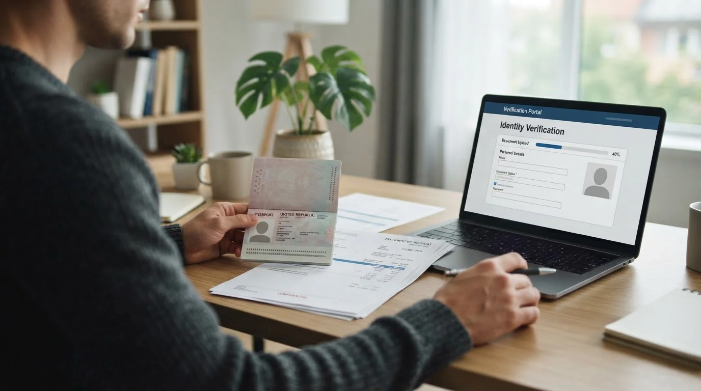 Person at desk with passport and bank statement for casino KYC verification