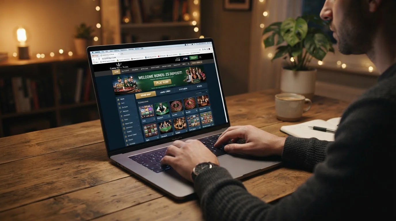 Desk with laptop showing mainstream UK betting brands and casino interfaces