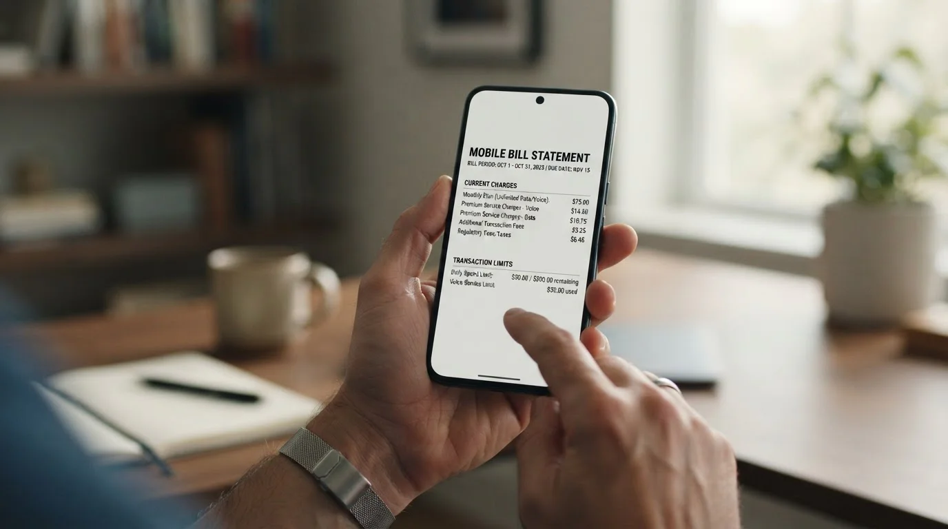Person reviewing mobile phone bill statement with premium service charges highlighted