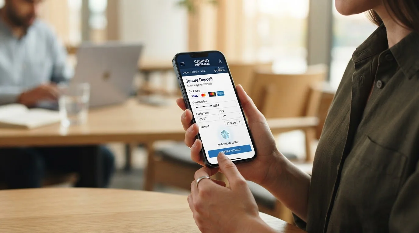 Mobile phone showing casino app with Visa payment interface