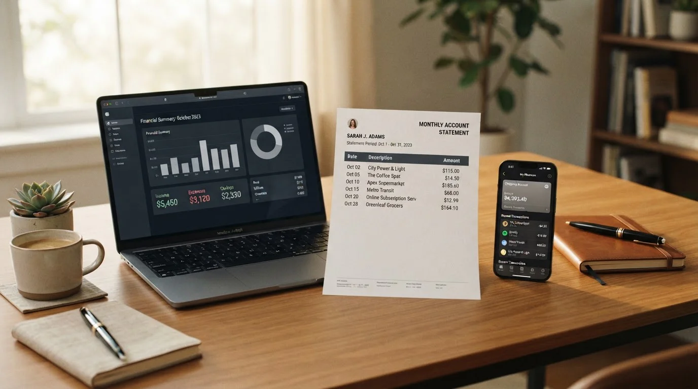 Smartphone banking app beside a printed monthly phone bill and a laptop showing a billing summary