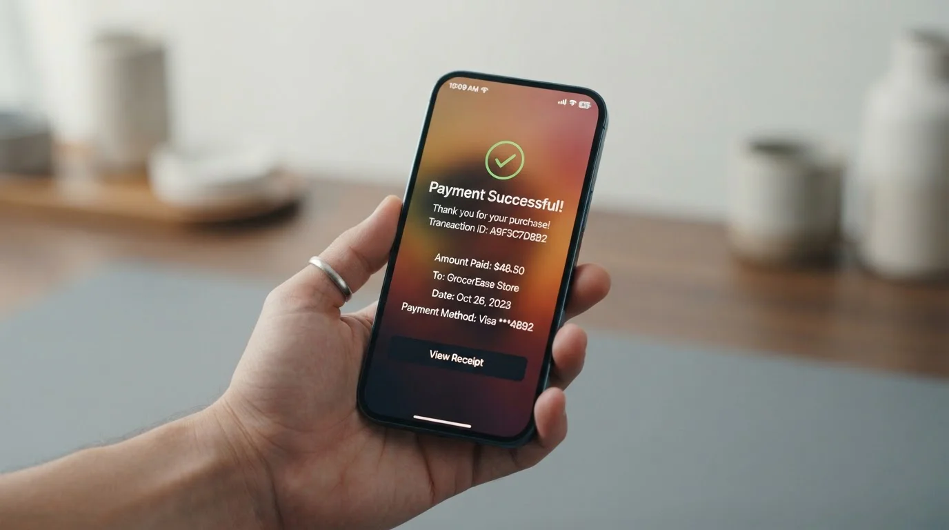 Mobile phone showing network signal and payment confirmation screen