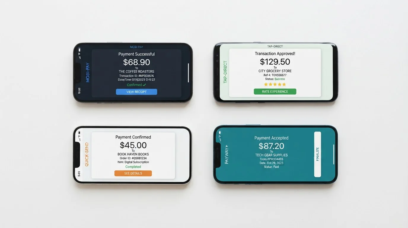 Four smartphones displaying different payment provider interfaces in grid layout on white surface