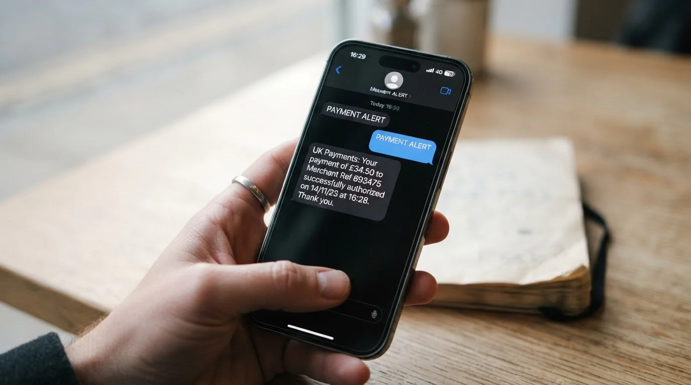 Smartphone displaying SMS payment confirmation from UK mobile network operator