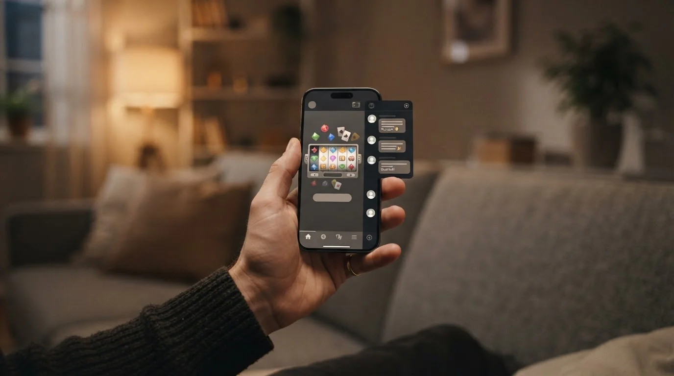 Hand holding a phone with a mobile casino and messaging app open for XRP play