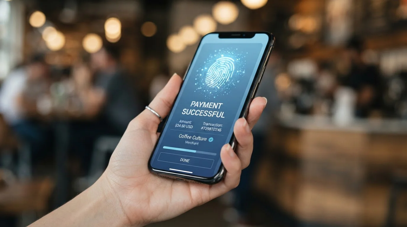 Mobile phone showing MuchBetter app deposit confirmation screen with biometric authentication