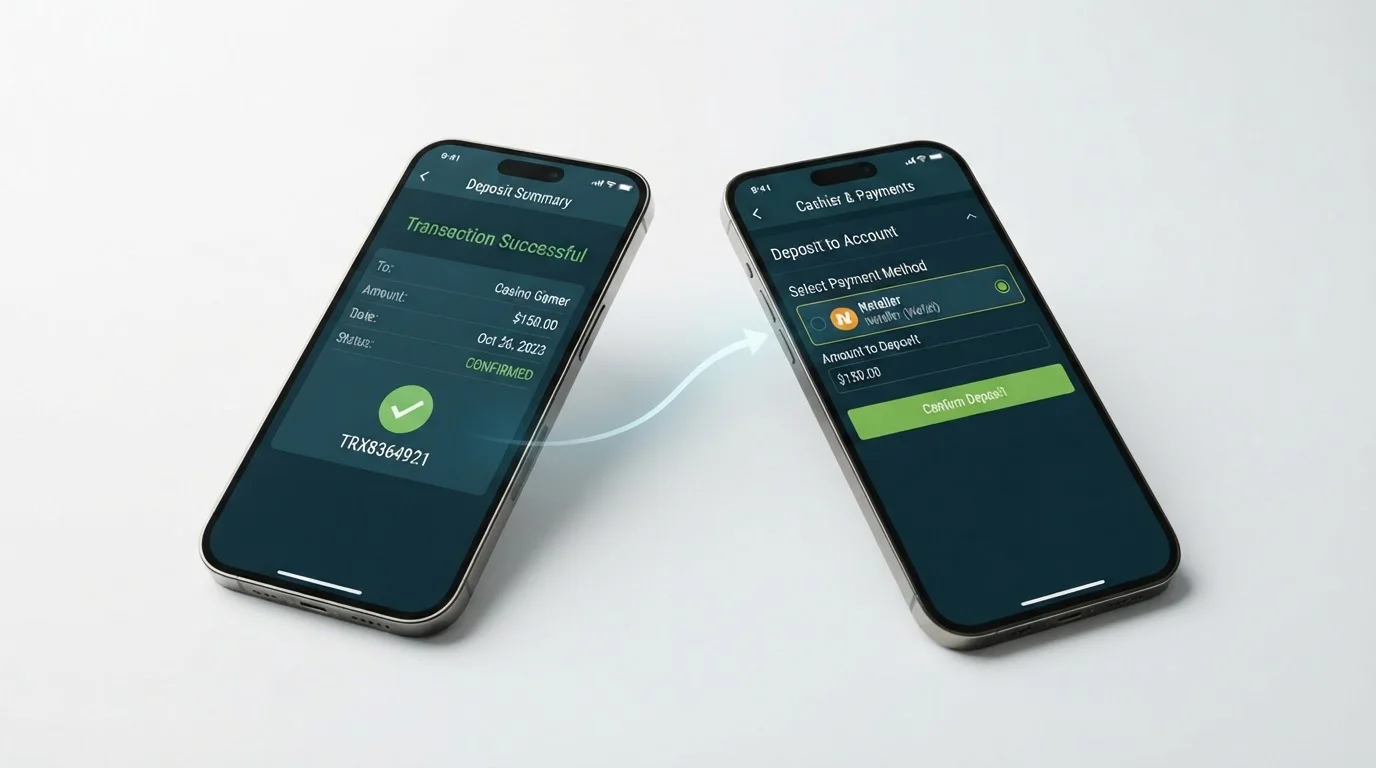 Split-screen showing Neteller app on left and casino cashier on right with visual flow connection