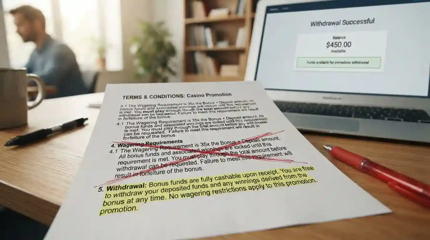 Casino bonus terms document with wagering requirements crossed out and immediate withdrawal highlighted