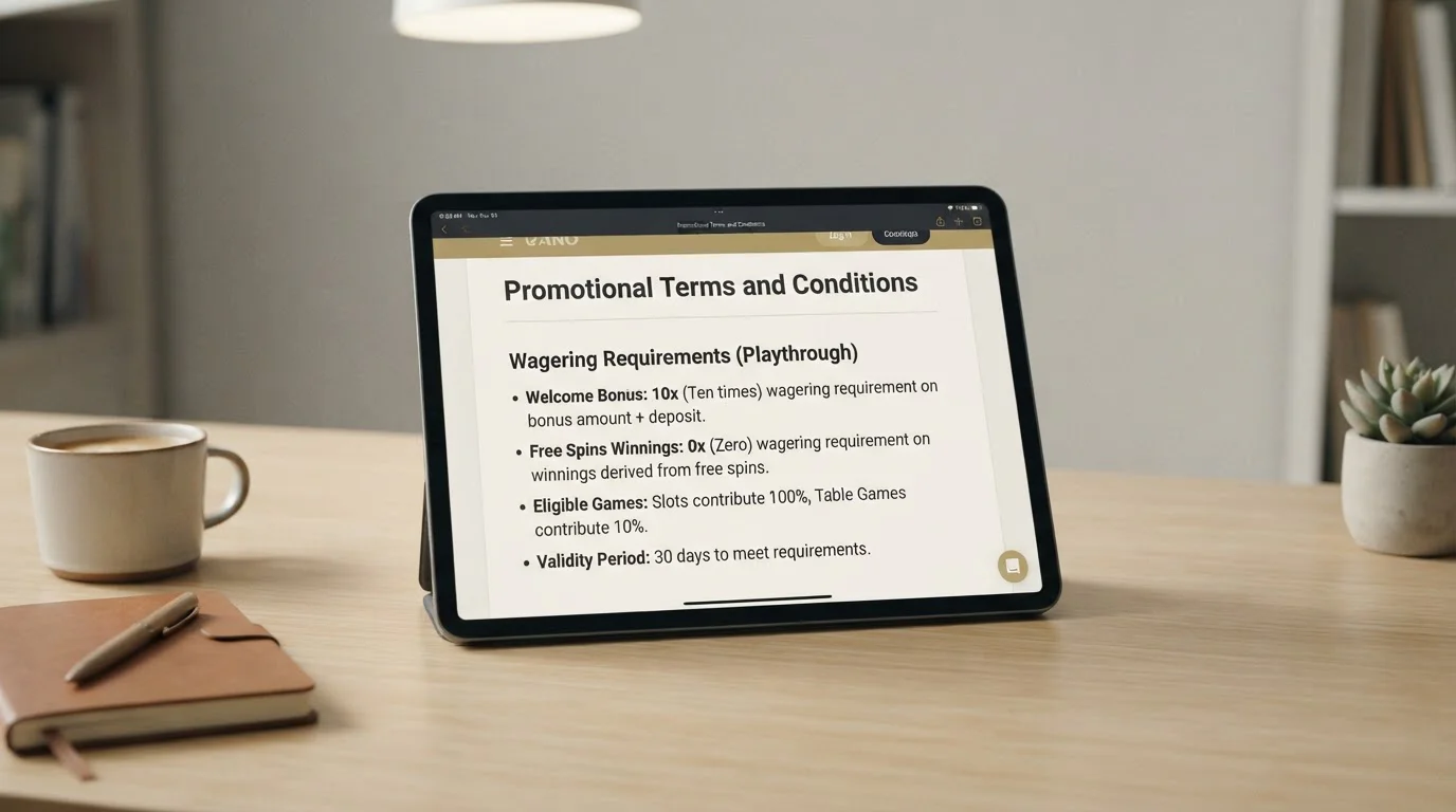 Clean modern interface showing no-wagering casino bonus terms and instant withdrawal options