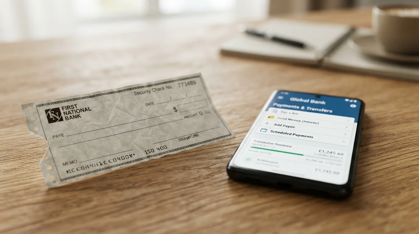 Torn bank cheque beside a modern smartphone running a banking app