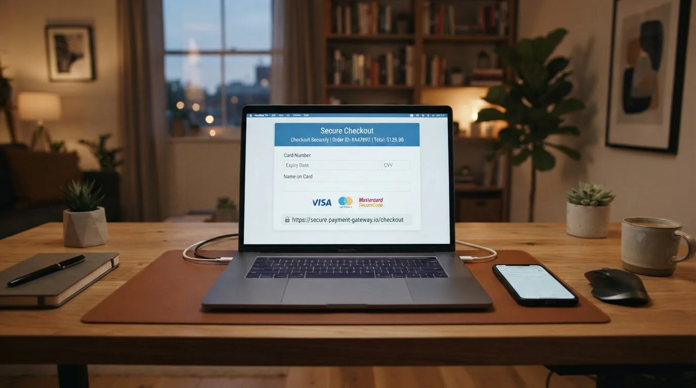 Laptop displaying offshore casino payment options with Visa and Mastercard logos