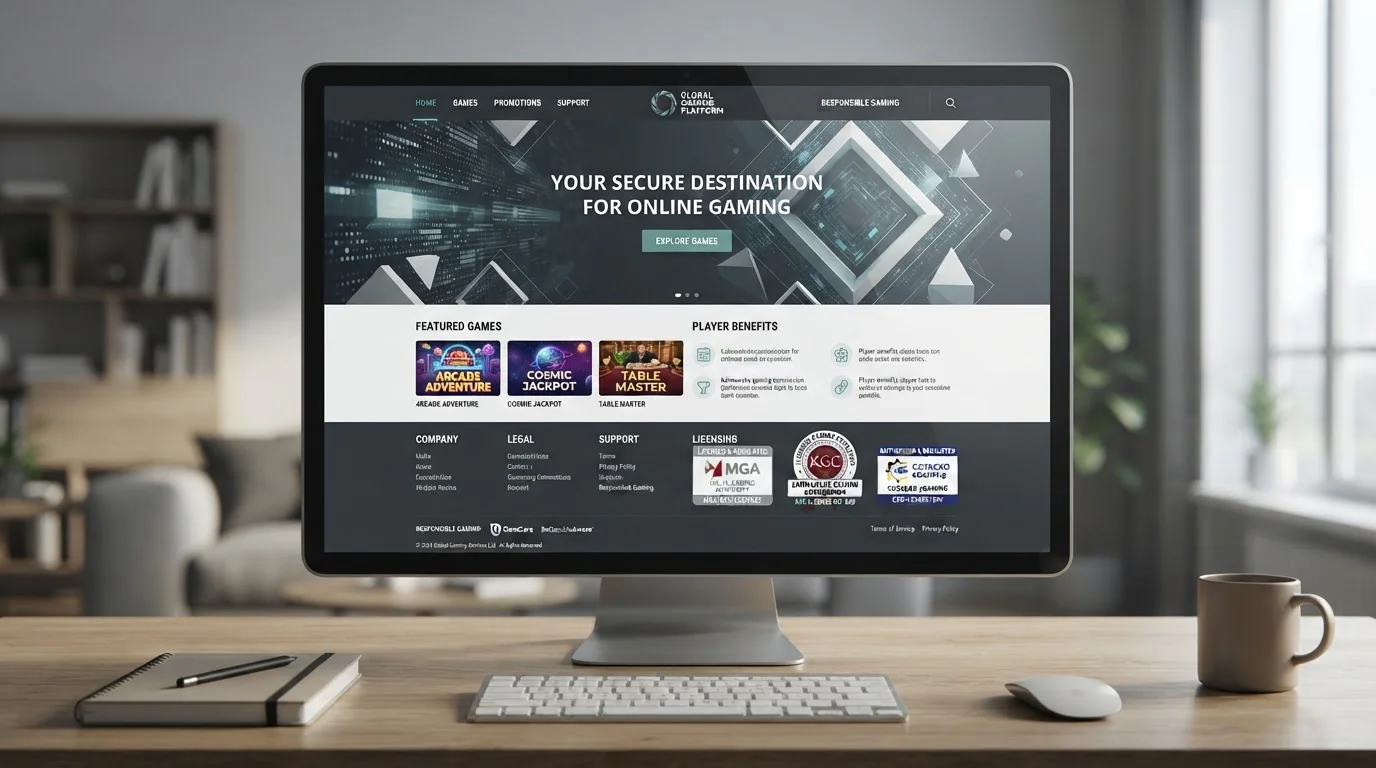 Offshore casino homepage with multiple licensing badges from Malta, Kahnawake, and Curacao jurisdictions