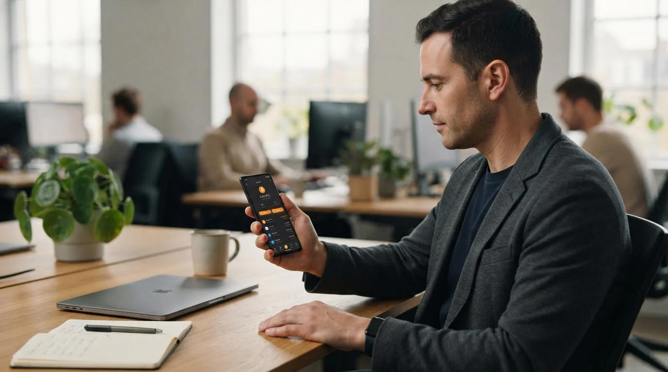 Person at desk reviewing cryptocurrency wallet on smartphone screen