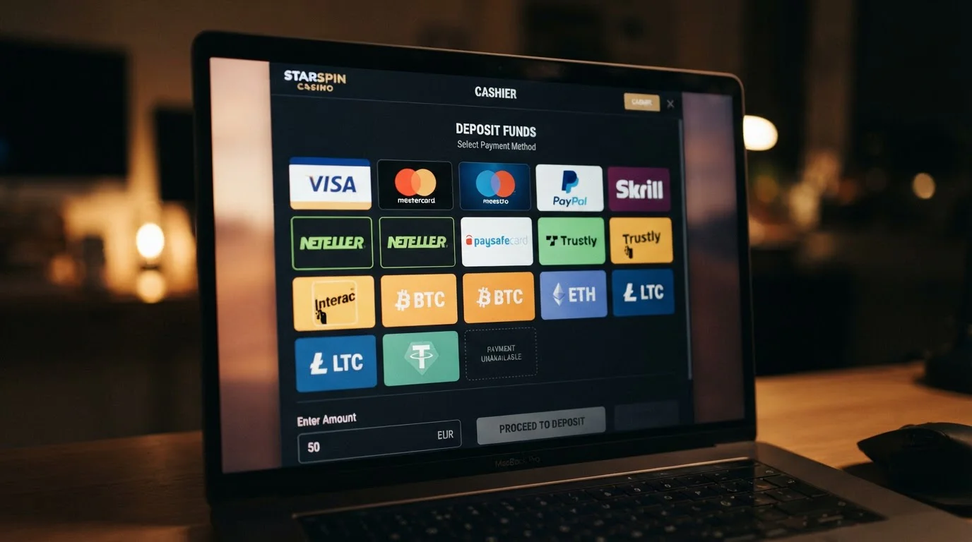 Online casino cashier page showing a grid of payment icons with one slot conspicuously empty