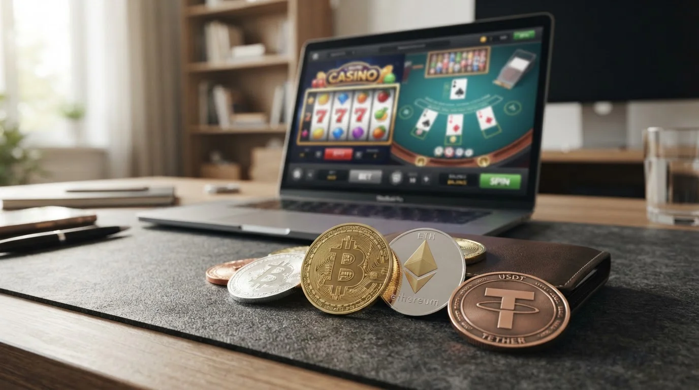 Multiple cryptocurrency coins with offshore casino gaming interface in background