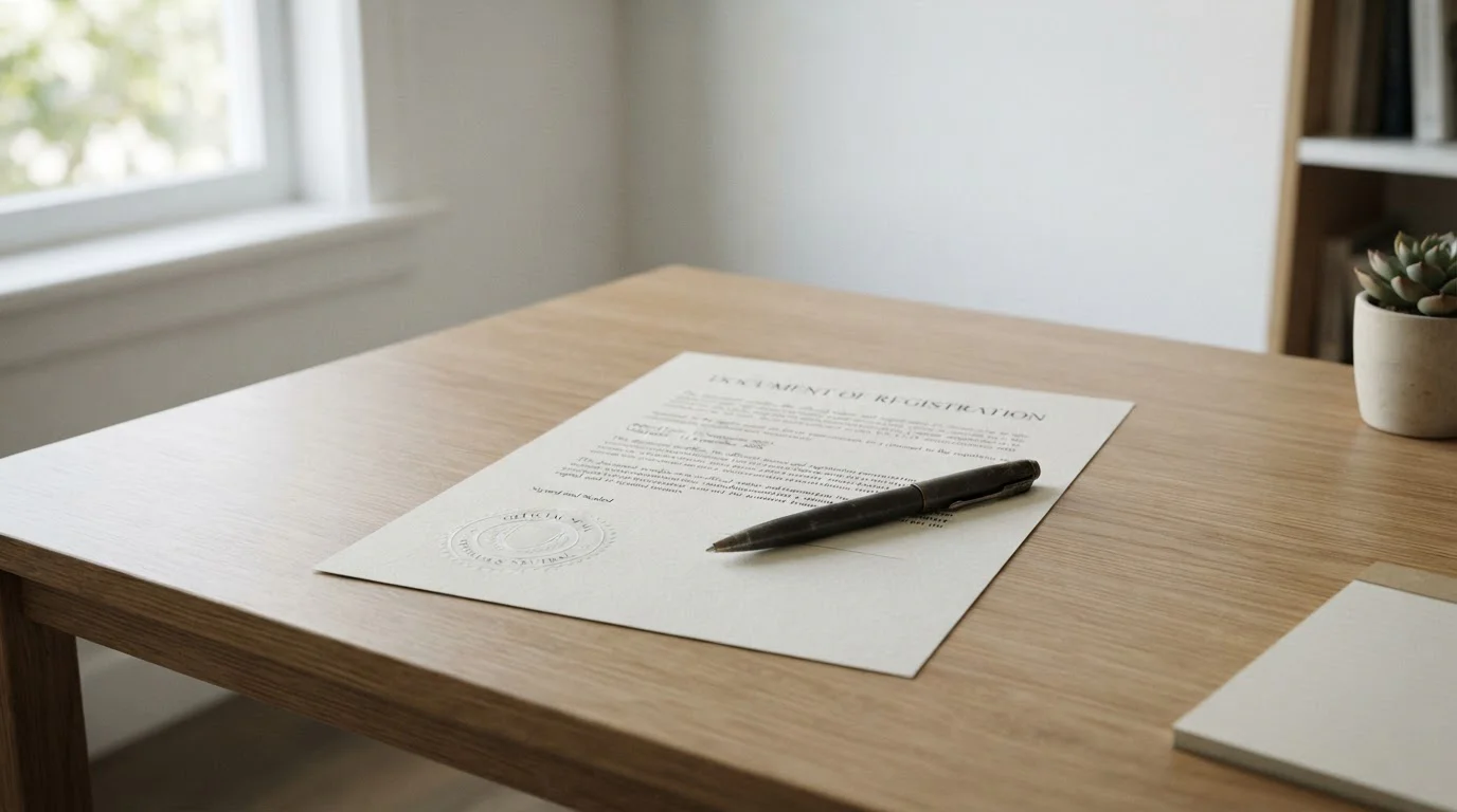 Official document with neutral seal on clean desk with pen