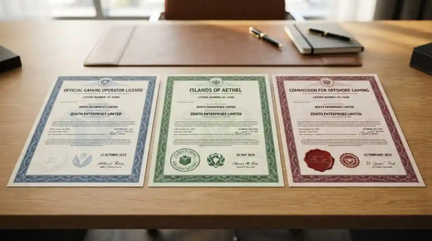 Official gaming licence documents from Curaçao, Anjouan and Costa Rica on desk