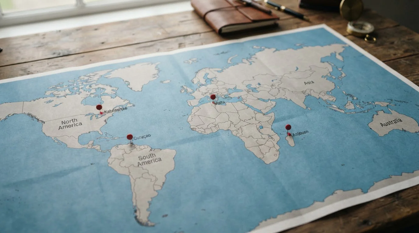 World map showing offshore gambling license jurisdictions: Curacao, Anjouan, Malta, Kahnawake highlighted