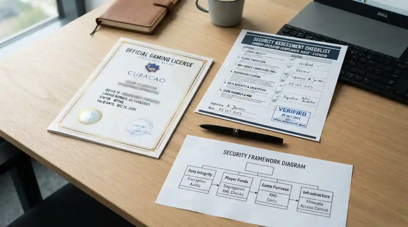 Curacao gaming license certificate with verification checklist and security assessment documents