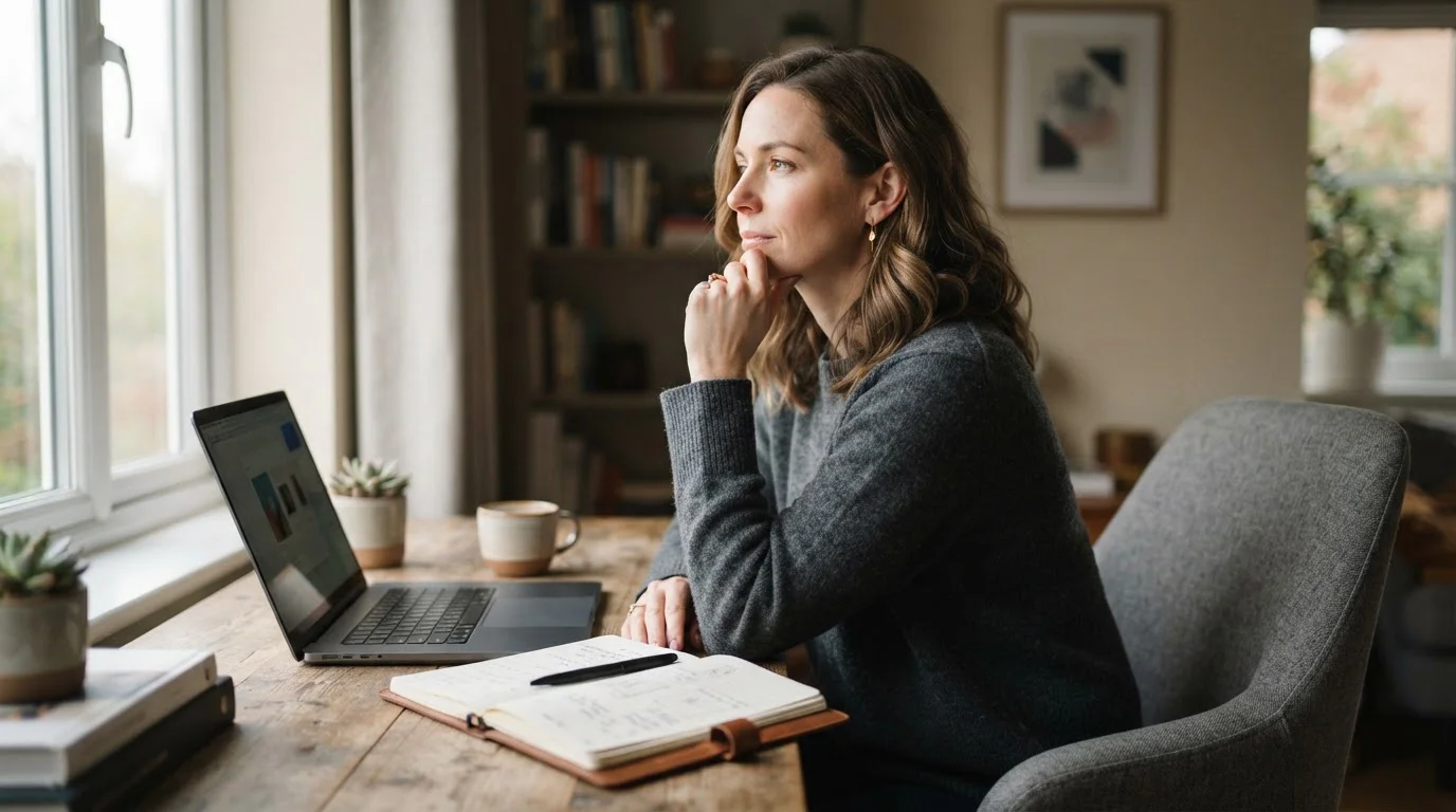 Person pausing thoughtfully at a desk with a laptop and a notepad, weighing a decision