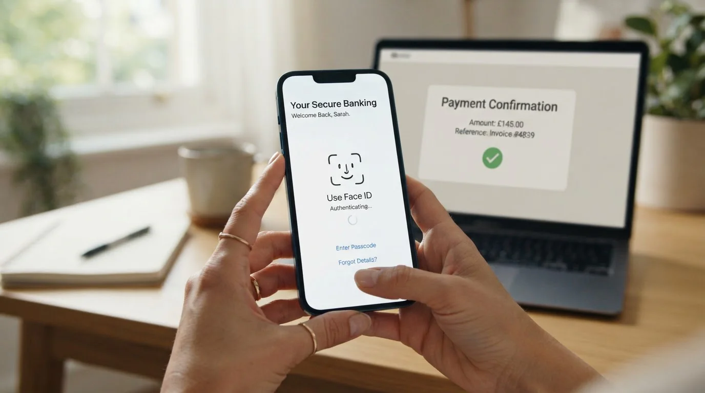 Person using smartphone to authenticate Open Banking payment through their bank app
