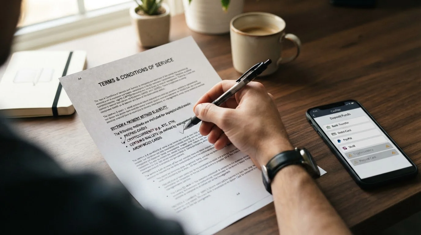 Welcome bonus terms document highlighting payment method eligibility section