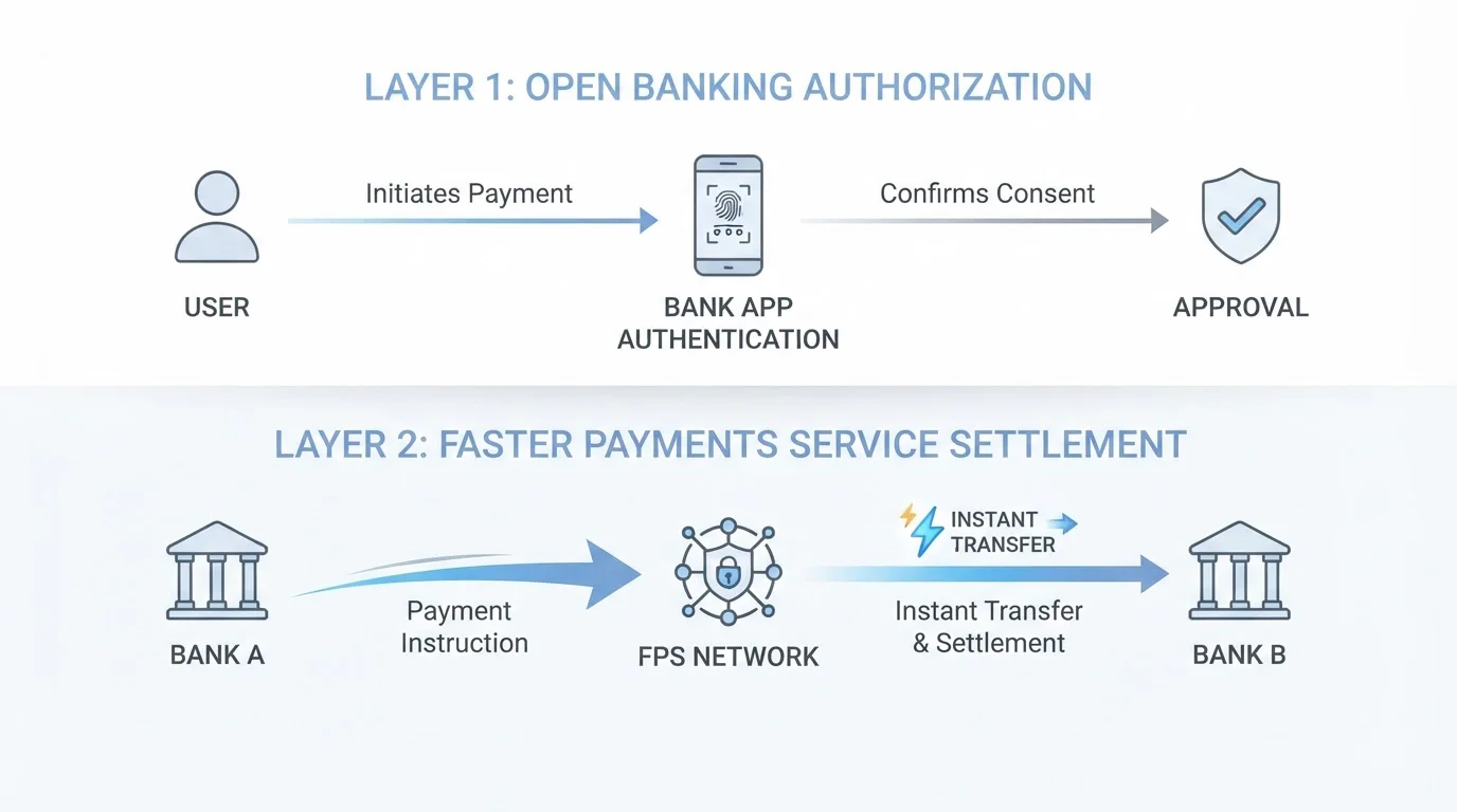 Clean diagram showing Open Banking authorization flow and Faster Payments Service settlement