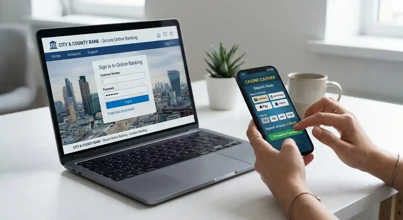 Laptop showing an open online-banking portal next to a smartphone with a casino app