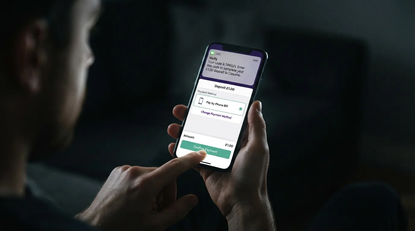 Mobile phone displaying Pay by Mobile casino deposit confirmation screen