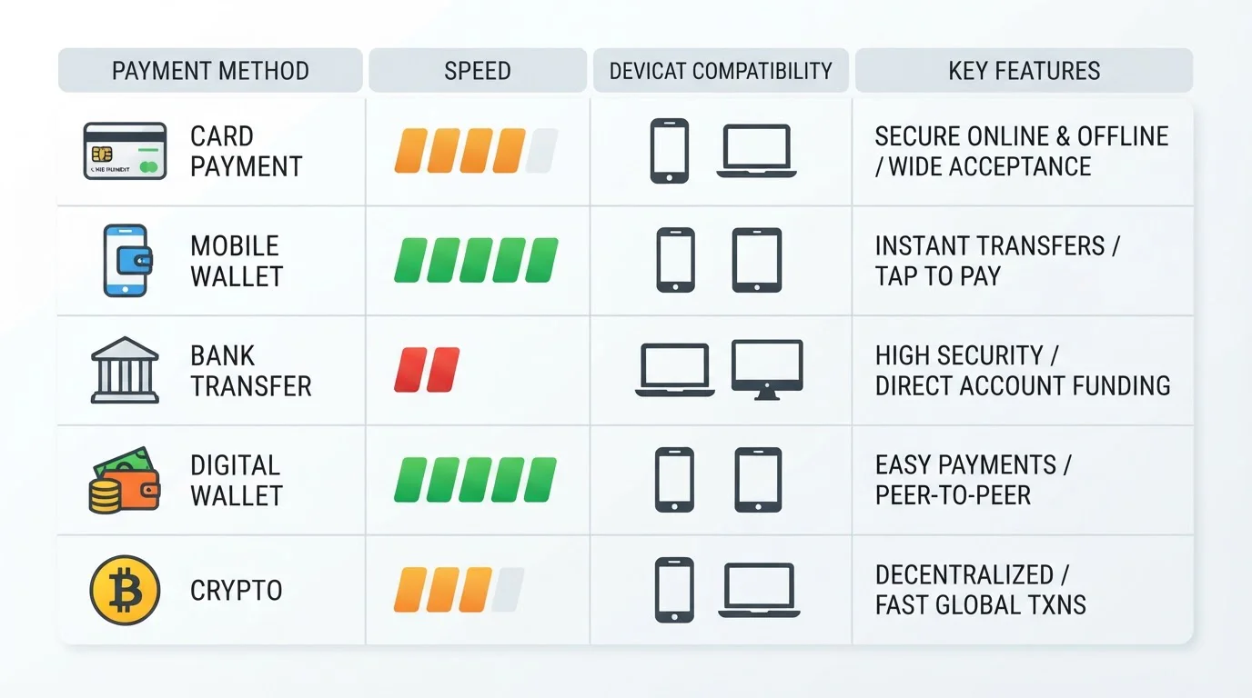 Comparison chart showing payment method options with speed and device compatibility markers