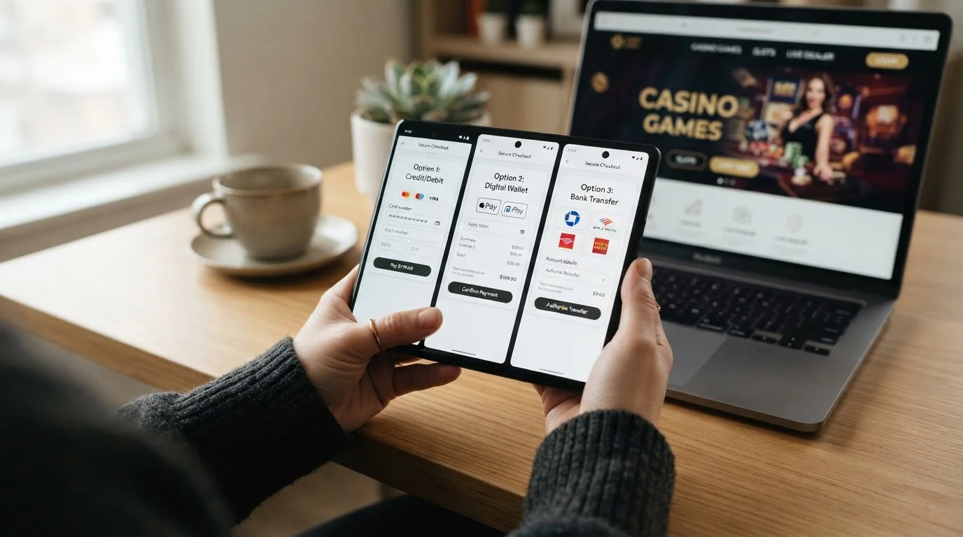 Person comparing payment options on smartphone with casino cashier pages visible