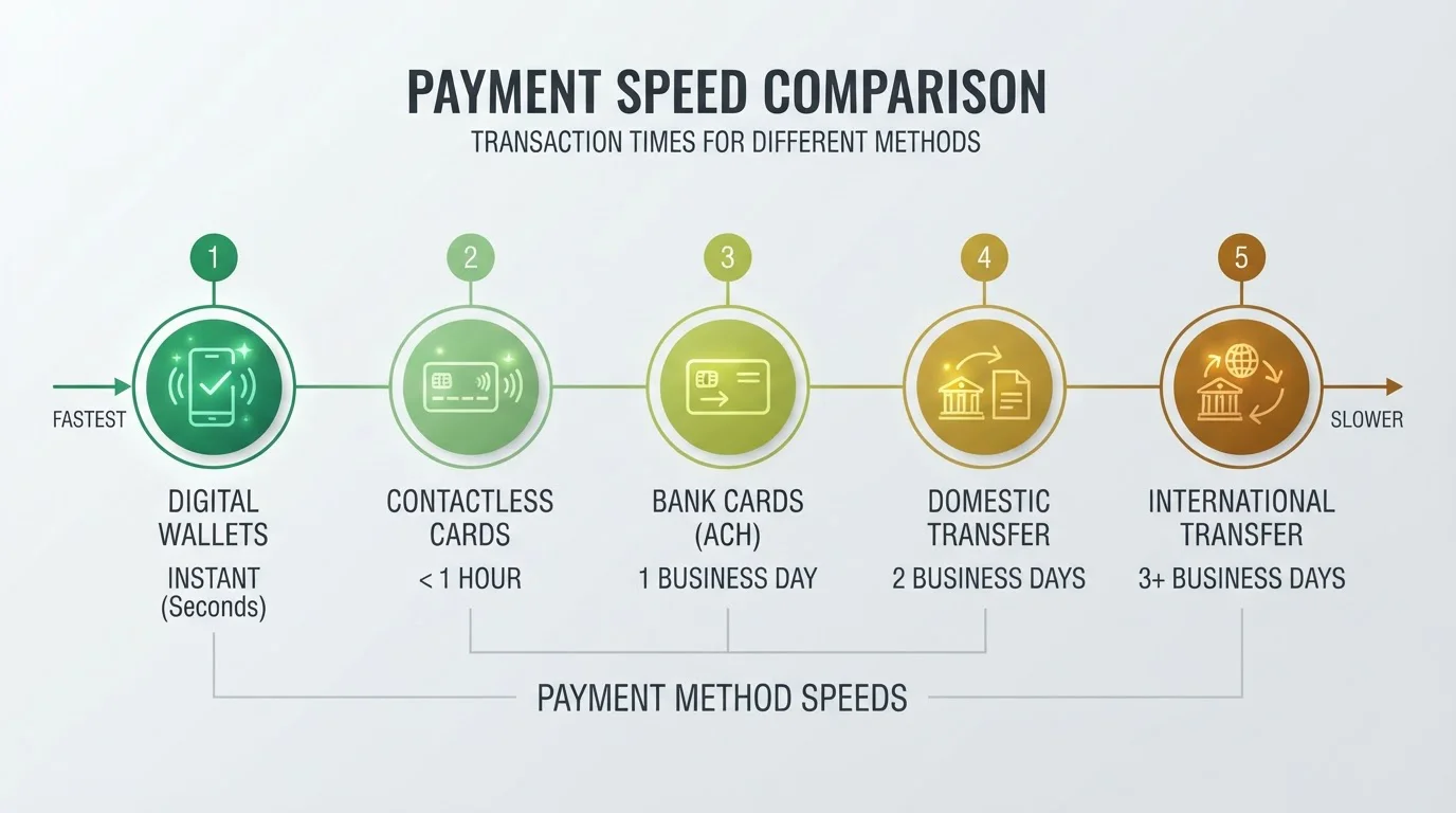 Comparison chart showing payment method withdrawal speeds from instant to three days