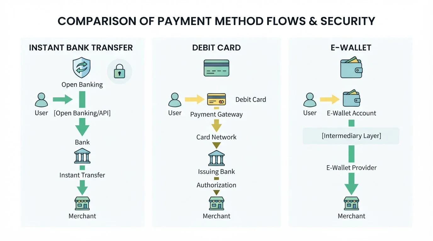Clean comparison chart showing instant bank transfer, debit card and e-wallet payment flows
