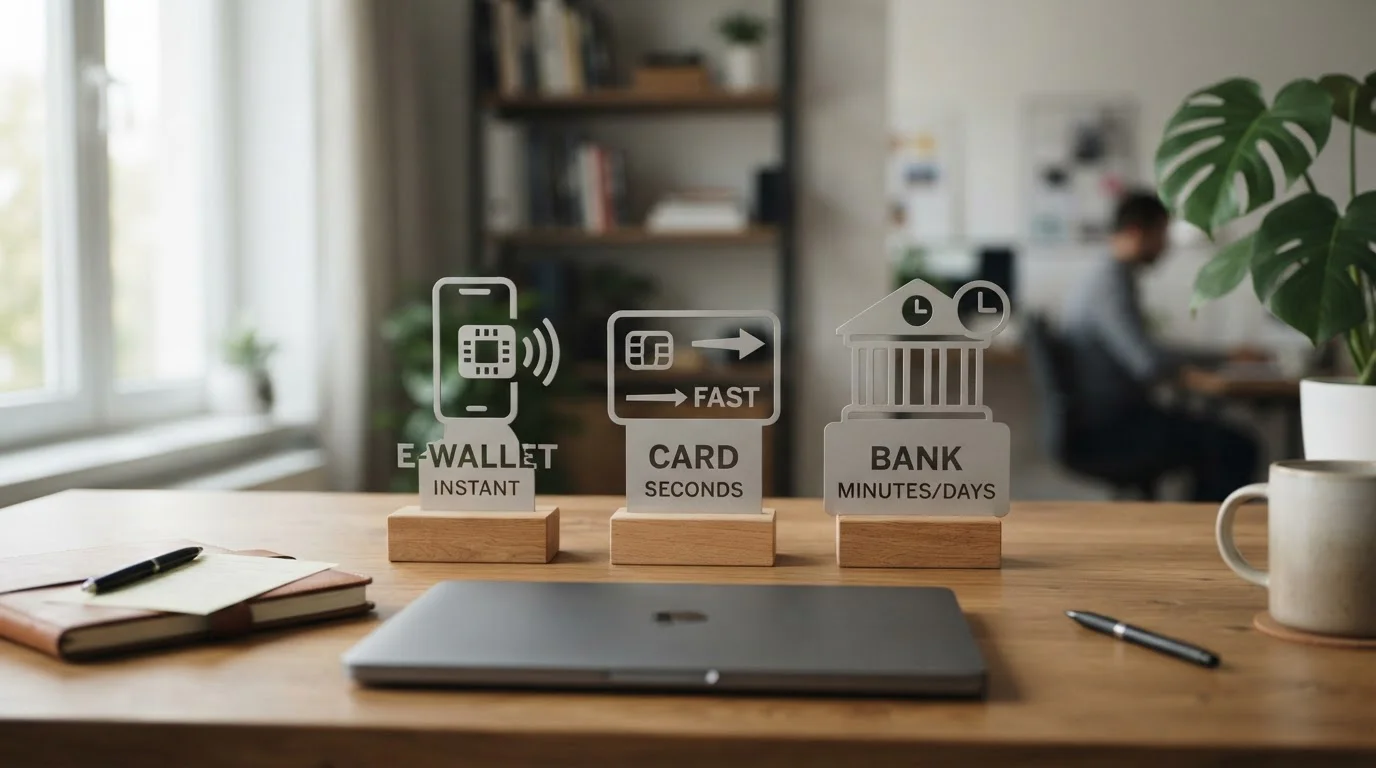 Side-by-side comparison of PayPal, Trustly, and debit card symbols with processing time indicators