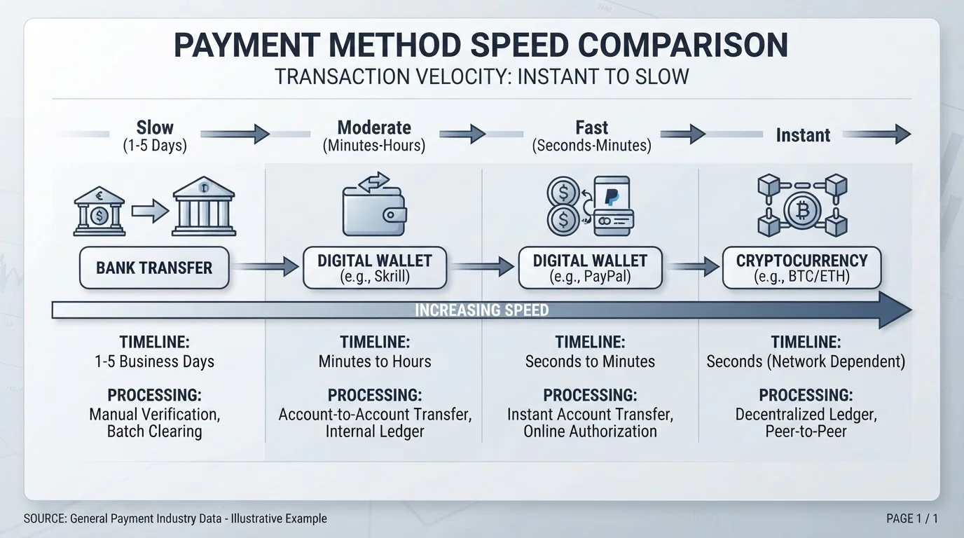 Payment method speed comparison chart with e-wallets and cryptocurrency