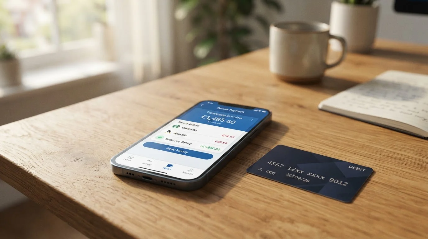 Smartphone displaying PayPal app interface next to debit card on desk