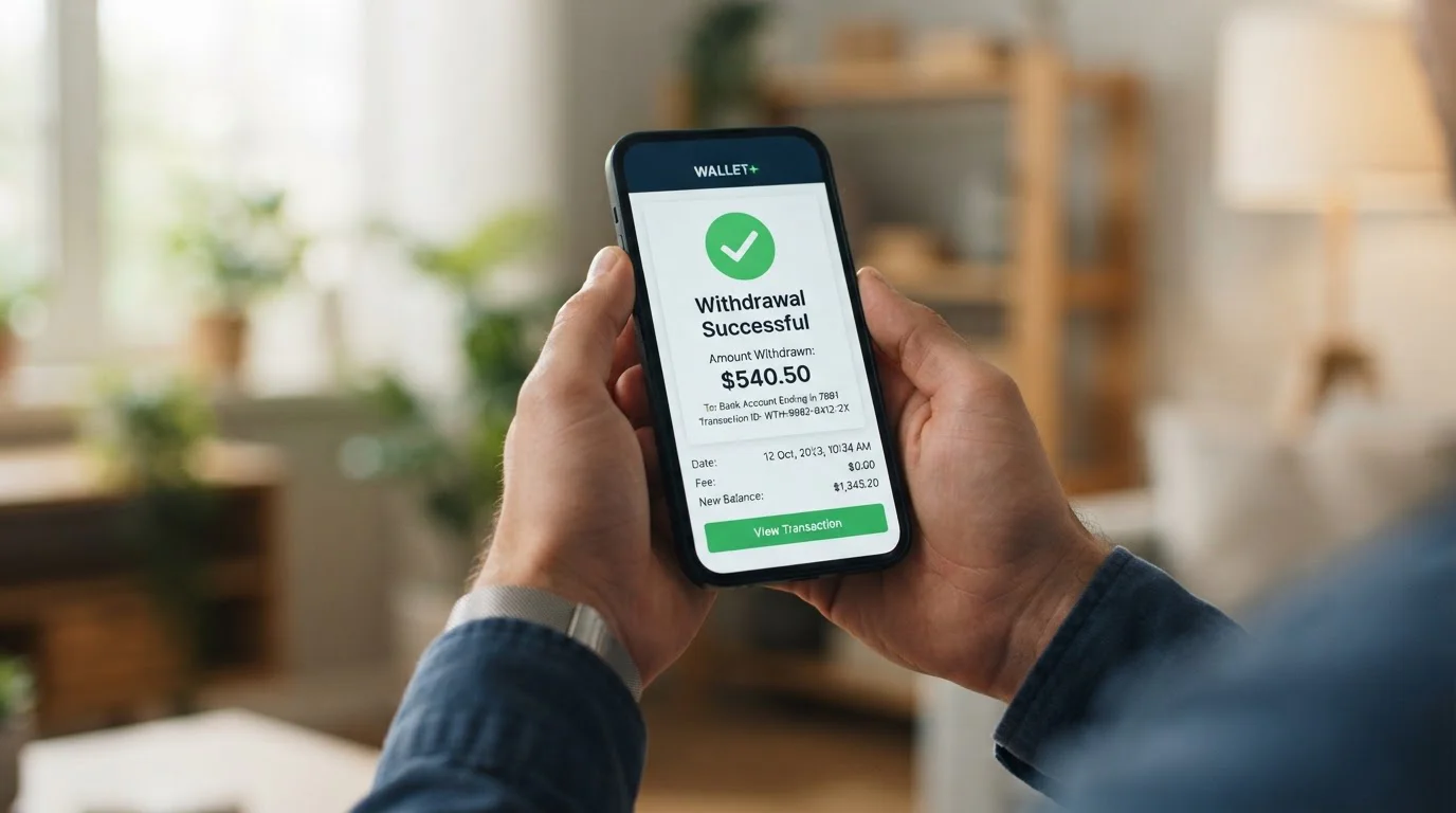 PayPal logo on smartphone screen with instant withdrawal notification displayed