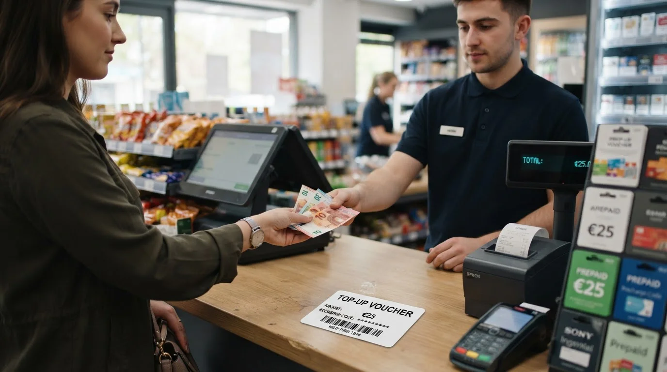 Paysafecard voucher being purchased at retail counter with cash payment