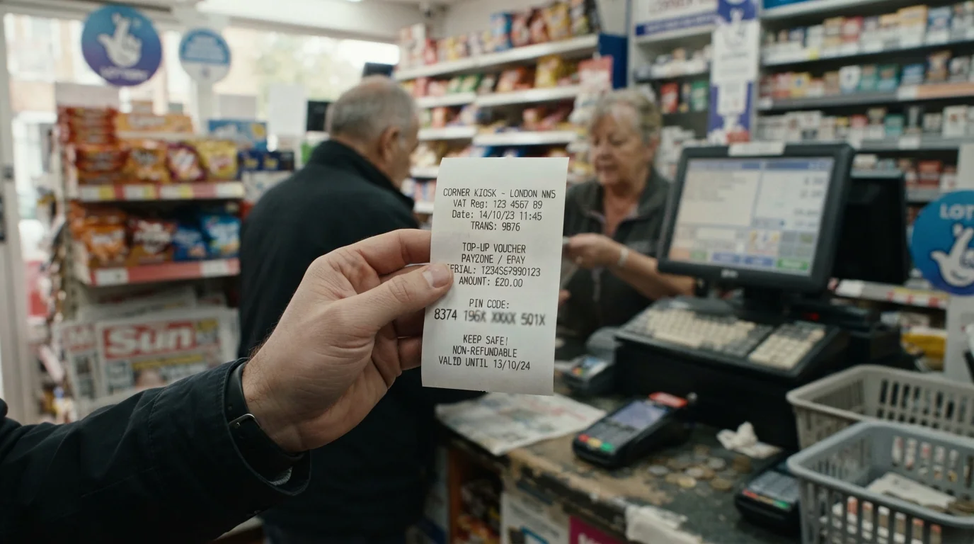 Paysafecard voucher PIN code on retail receipt with corner shop background