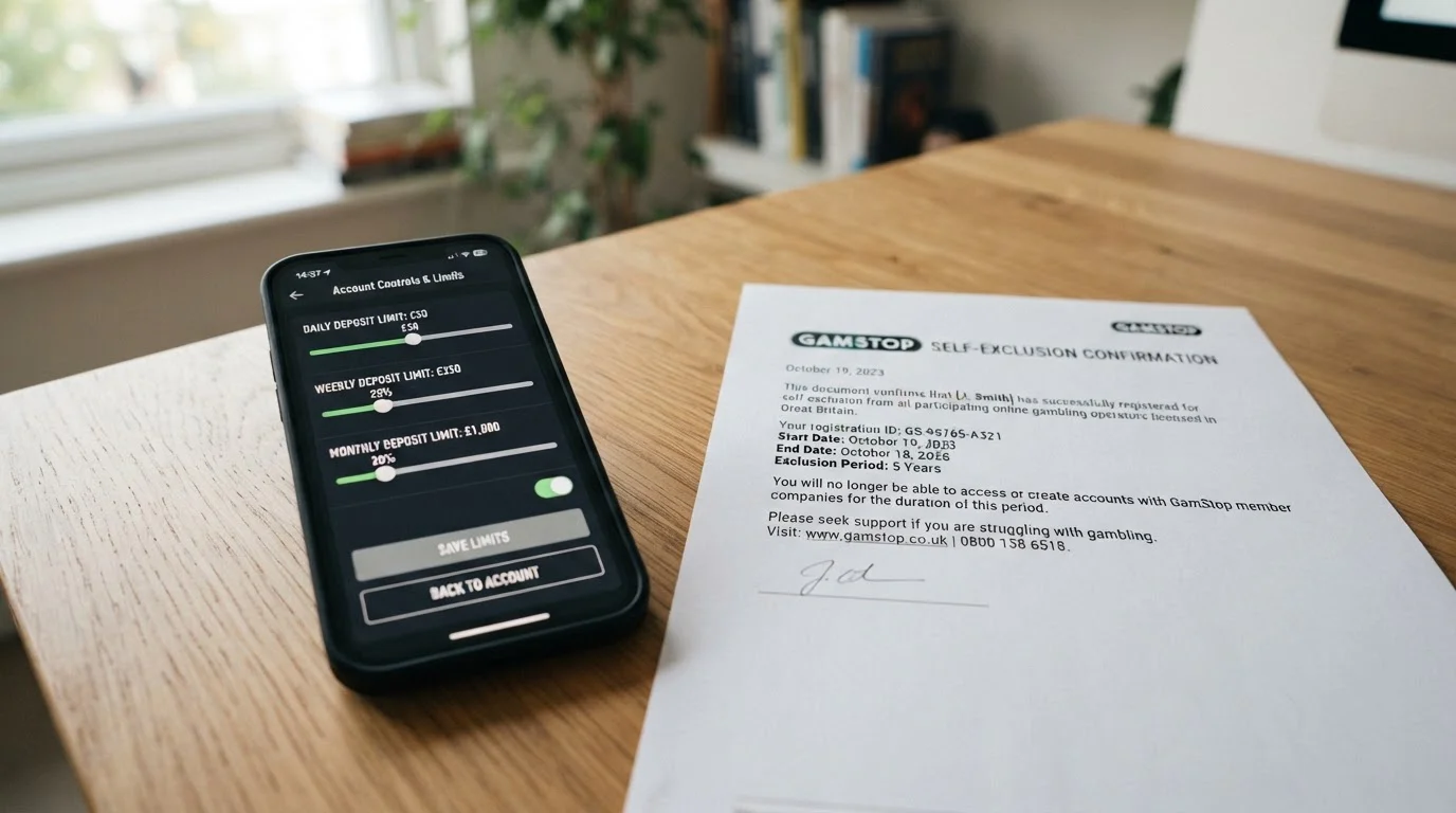 Smartphone screen showing deposit limit settings in casino account and GamStop self-exclusion registration