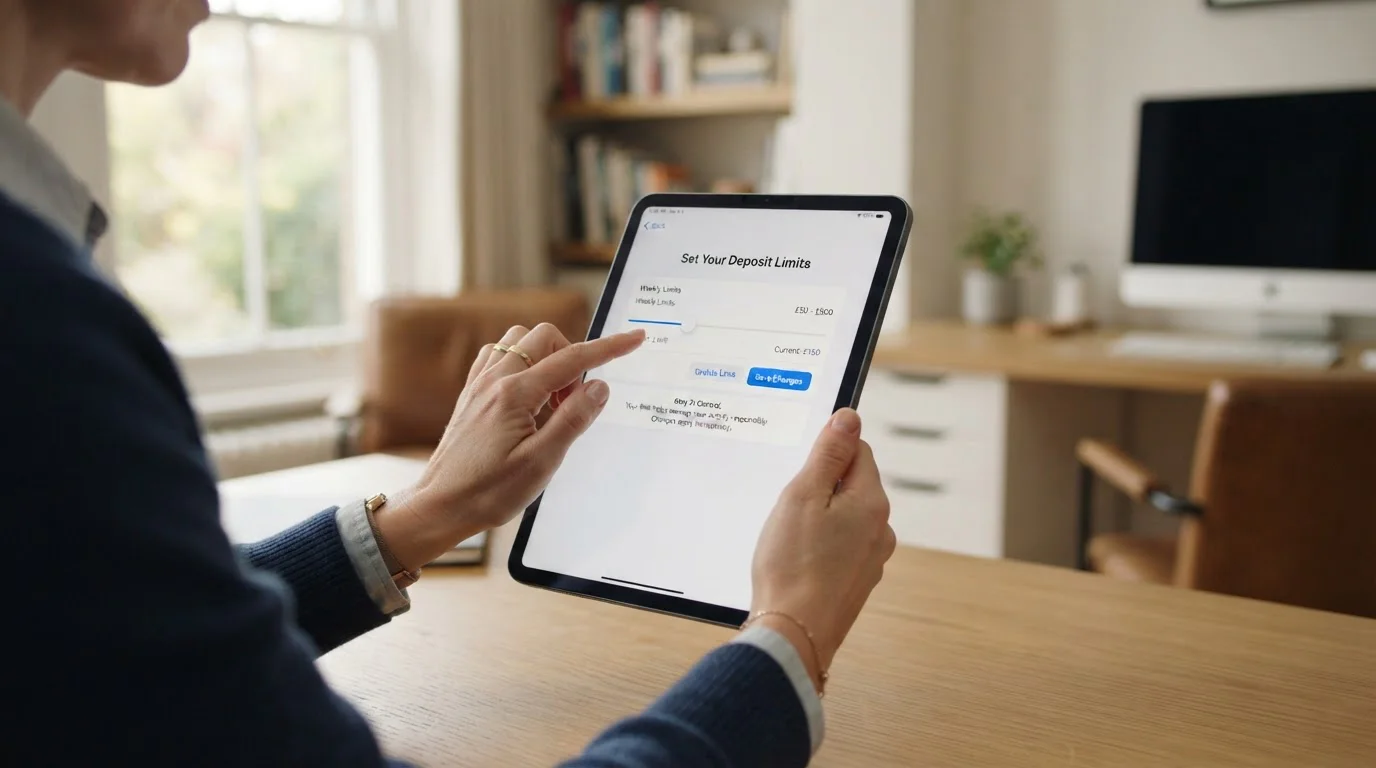 Person setting deposit limit on tablet in calm home office