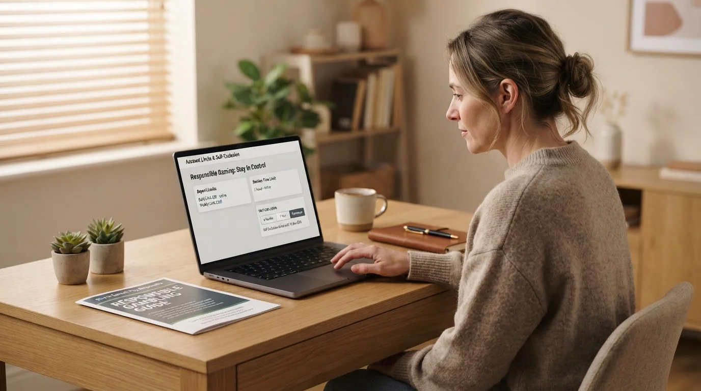 Person reviewing responsible gambling self-exclusion tools on laptop screen