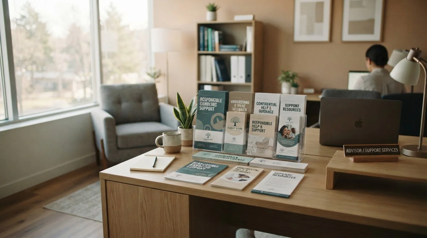 Clean desk with responsible gambling resources and helpline information