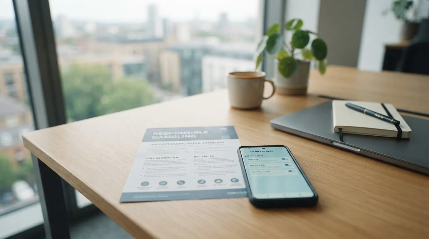 Desk with responsible gambling resources leaflet and smartphone showing deposit limit screen