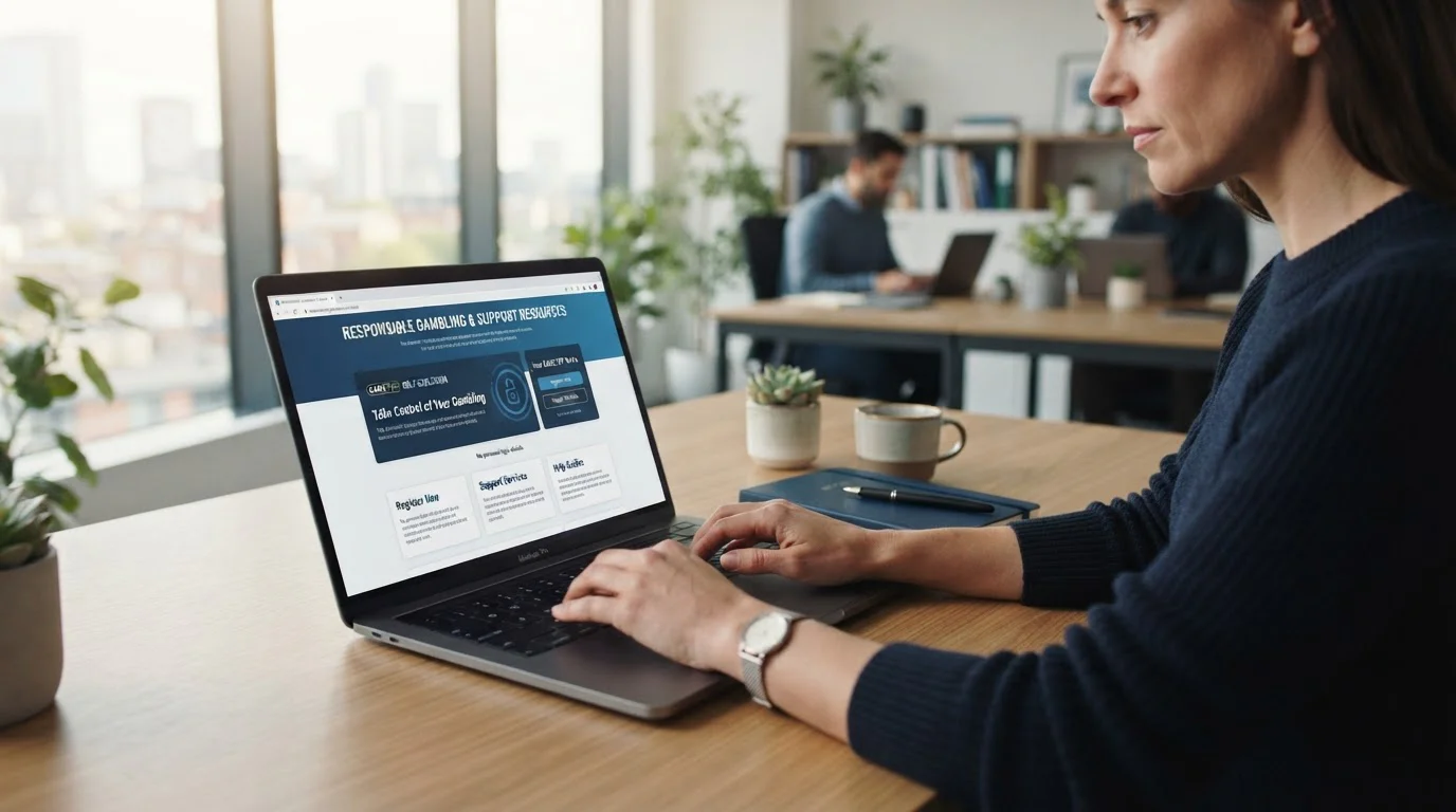 Person reviewing casino terms and conditions on laptop with GAMSTOP logo visible