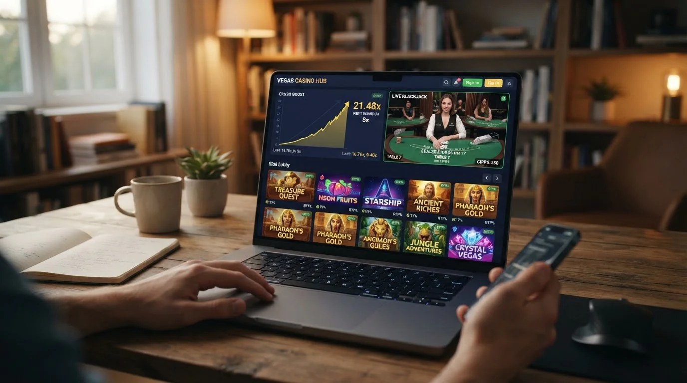 Casino game lobby showing slots reels, live dealer table, and crash-game multiplier chart
